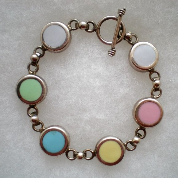 Mexico Mexican Sterling Silver 925 Pink Blue Green Enamel Tennis Bracelet 28.7 g